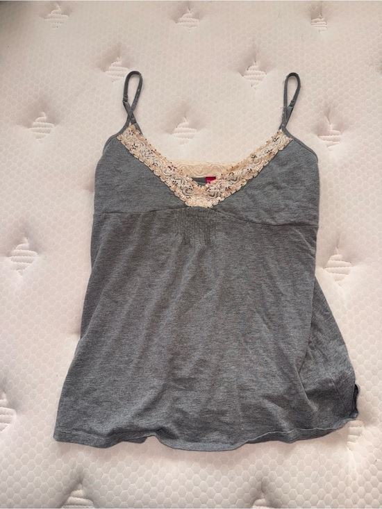 SO Tops - 86. Gray Lace-Trim Spaghetti Strap Tank Top